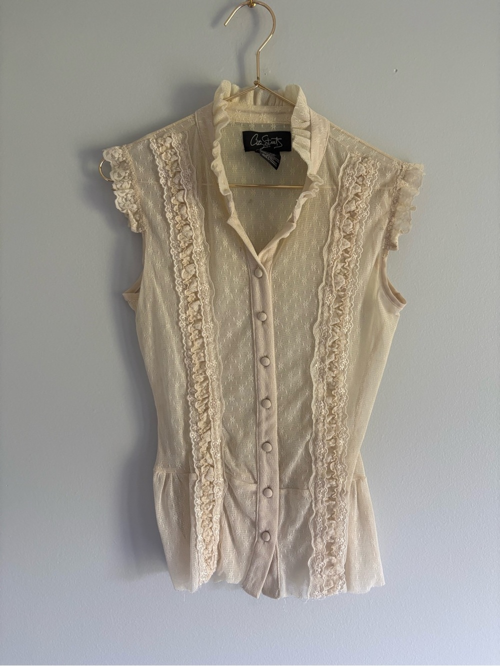 Vintage “City Streets” Lace Mesh Button-Up Blouse Cream Size Medium
